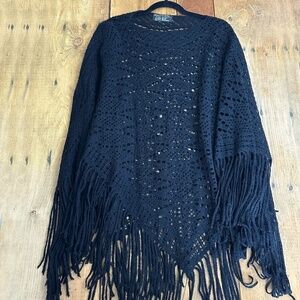 ImagoTuscia Black Mohair‎ Blend Crocheted Poncho Throw Over OS Cape Italy